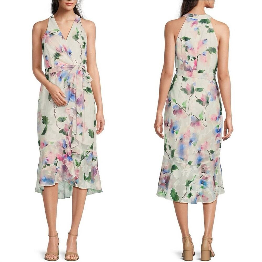 Adrianna Papell Cream Floral Watercolor Halter Midi Dress
